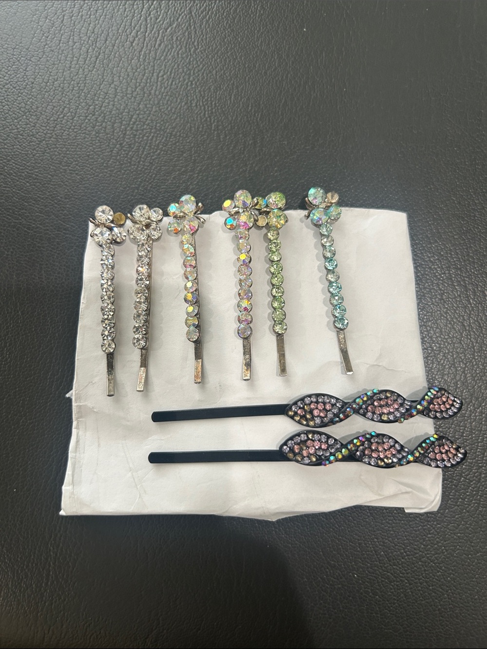 6 Rhinestone Butterfly Flower Bobby Pin Set  &set of purple swirl bobby-pins